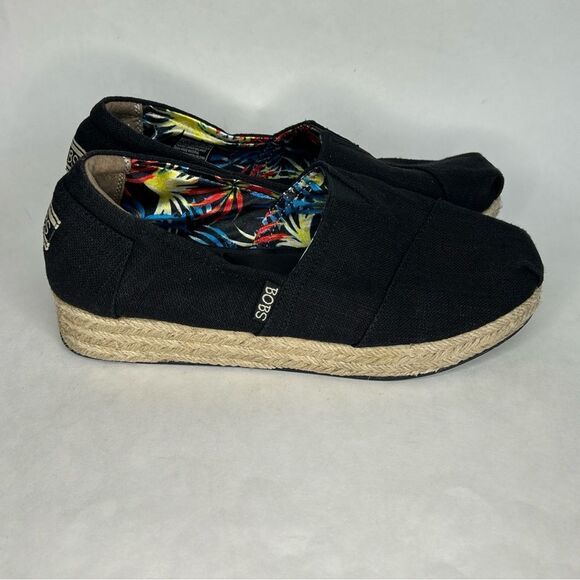 Skechers Bobs Espadrille Wedges Women 9 High Jinx Black Tan Memory Foam 34101 - Picture 3 of 9